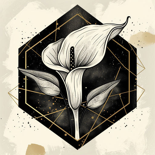Tattoo Sketch of a Calla Lily in a Flat Clipart Style, Encased in a Geometric Hexagon Frame in Black and Gold