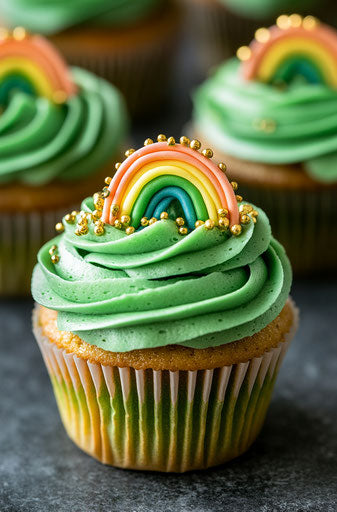 Rainbow cupcakes for St. Patrick's Day with green frosting and gold sprinkles