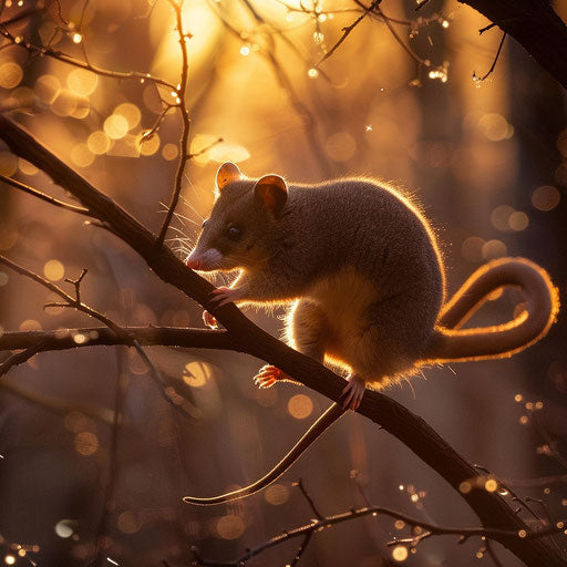 White-tail possum playing in golden hour forest