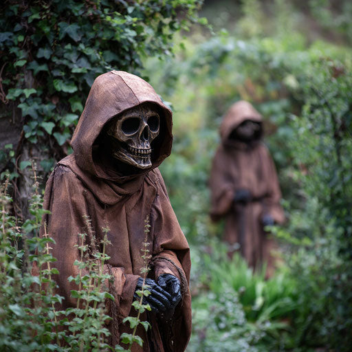 Gothic figure in the garden with a dark hooded cloak