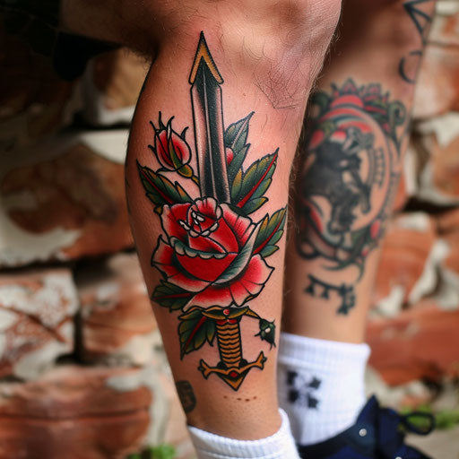 Knee tattoos in the style of Ed Hardy with a classic dagger and rose