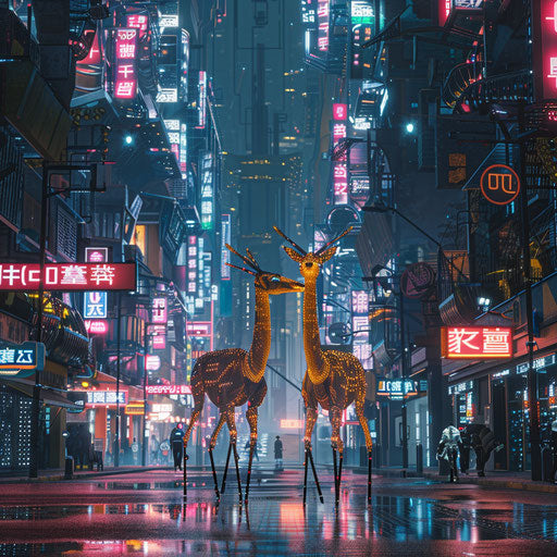 Cyberpunk city with robotic gazelles companions