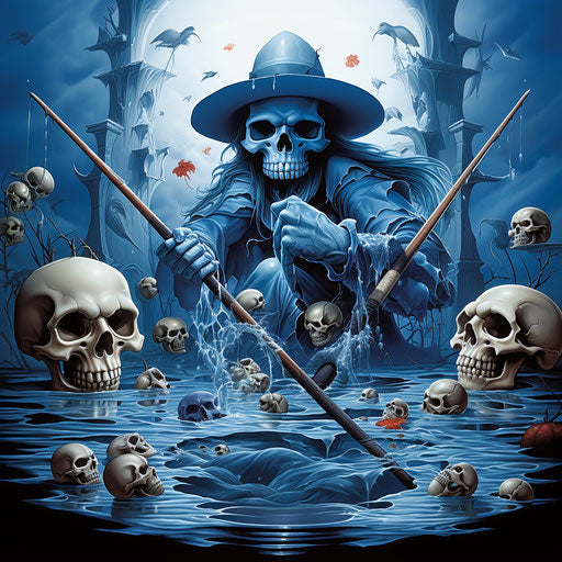 Blue skull tattoo with scythe and pool sticks
