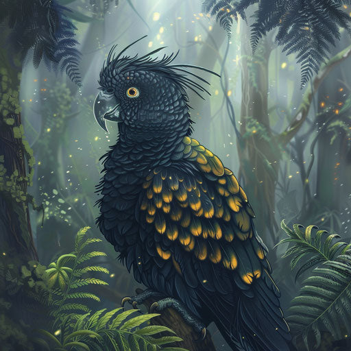 Yellow-tailed black cockatoo surrounded by ferns and mist