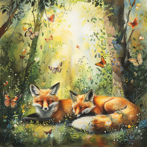 Tranquil foxes and butterflies in sunlit clearing
