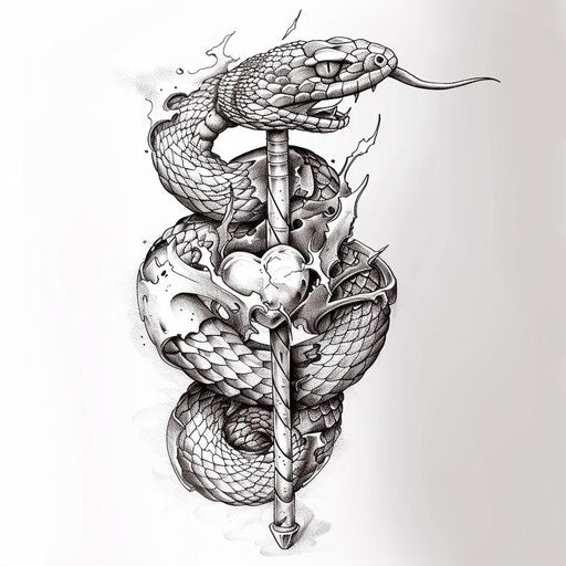 Design concept for a military medic tattoo, snake and staff with a heart, on a pure white canvas.