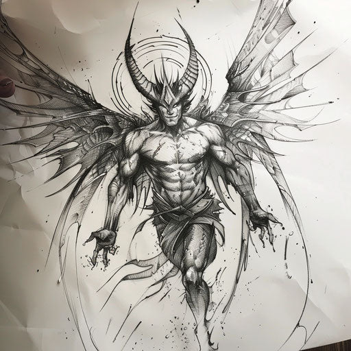 Energetic flat tattoo sketch of Lucifer with wings spread wide and eyes aglow