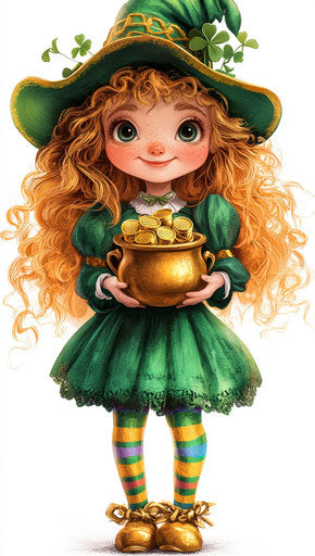Cute girl in green with rainbow socks holding golden pots