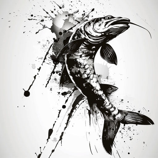 Stylized tattoo design of a pike fish with splatter effect