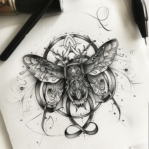 Death moth design integrated with Celtic knotwork