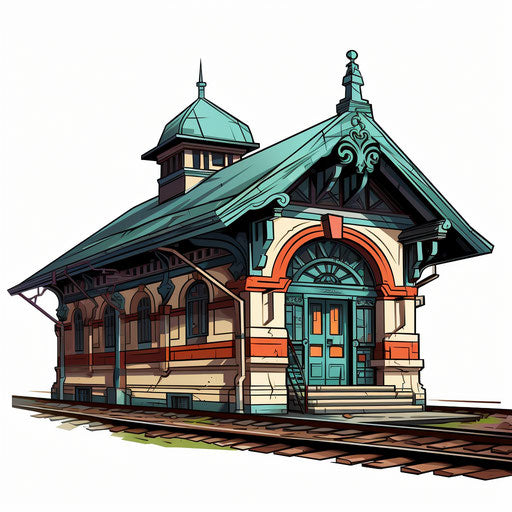 Train station artwork in Chiaroscuro Art style on white background