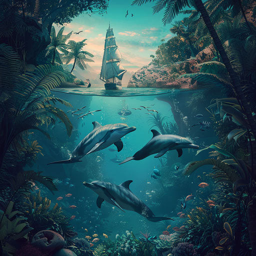 Dolphins guiding explorers to a hidden underwater paradise