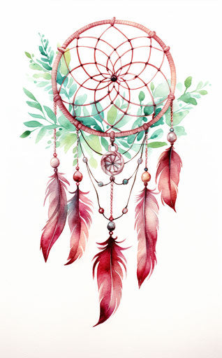 Watercolor dream catcher, light maroon and dark emerald