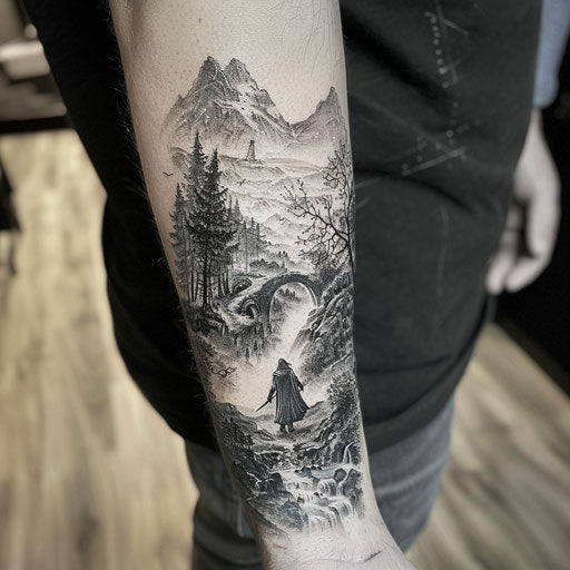 Men's forearm tattoo Middle-earth scene Peter Jackson style