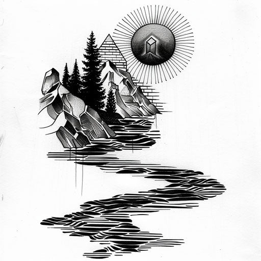 Simple flat tattoo sketch of a riverside with geometric water patterns