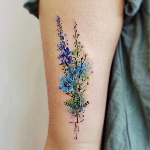 Wildflower tattoo in the rain, watercolor effect, blues and greens, serene