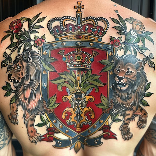 Royal heraldry tattoo, shield, crown, lions, bold colors
