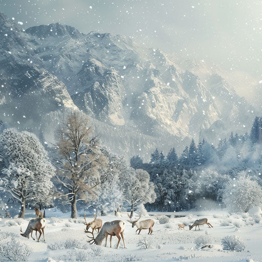 Animals searching for food in a snowy landscape