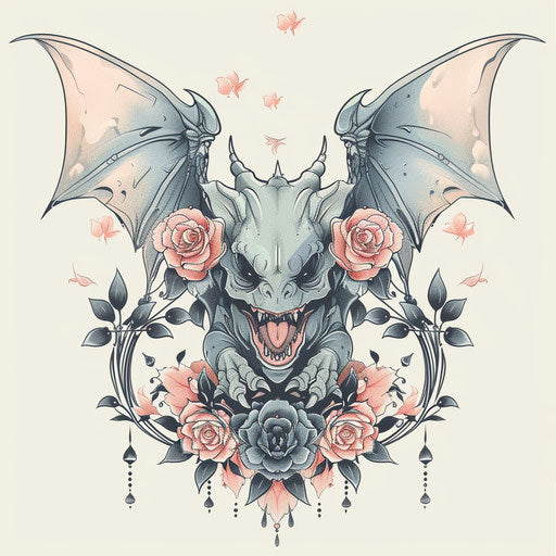 Elegant gargoyle tattoo sketch with soft pastel tones