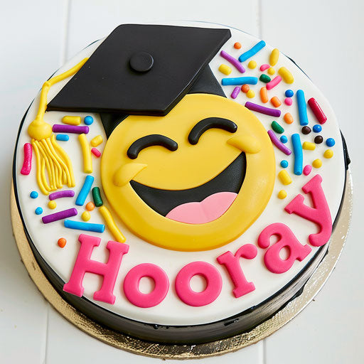 Emoji cake with yellow smiley face in graduation cap
