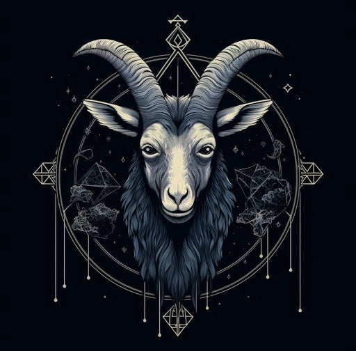Goat head with triangle and moon, geometry-inspired style