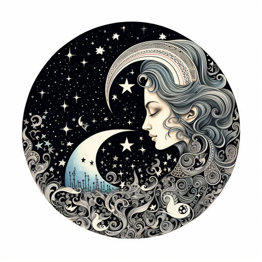 A crescent with a beautiful tattoo drawn on the moon and stars