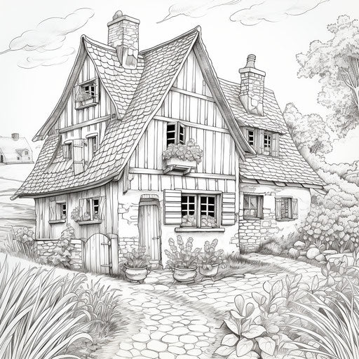 Coloring page of French countryside farmhouse