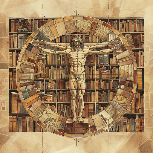 Cozy tattoo sketch of the Vitruvian Man surrounded by a library