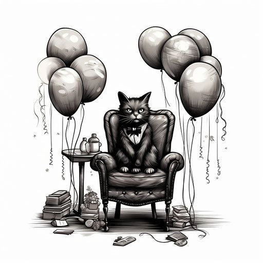 Adult cat with balloons on chair at table, meticulous inking style