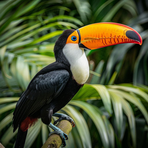 Toucan displaying feathers in lush green setting