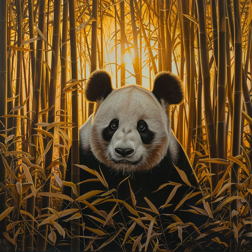 Giant panda in a golden bamboo grove at dusk