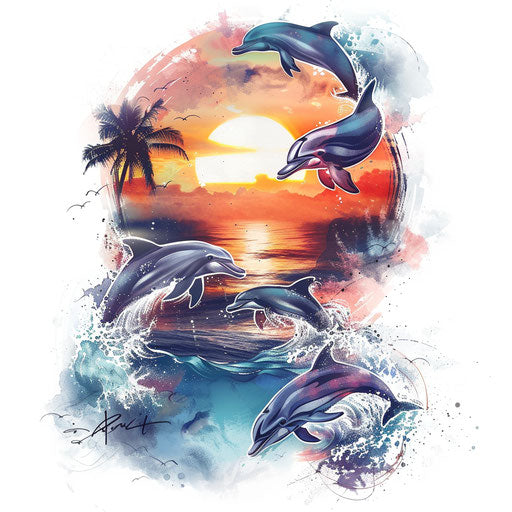 Nautical tattoo with oceanic sunset and dolphins
