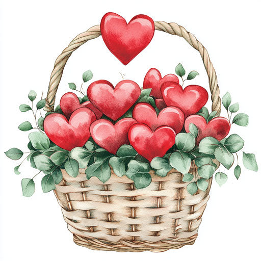 Valentine's Day basket of hearts with red ribbons on white background