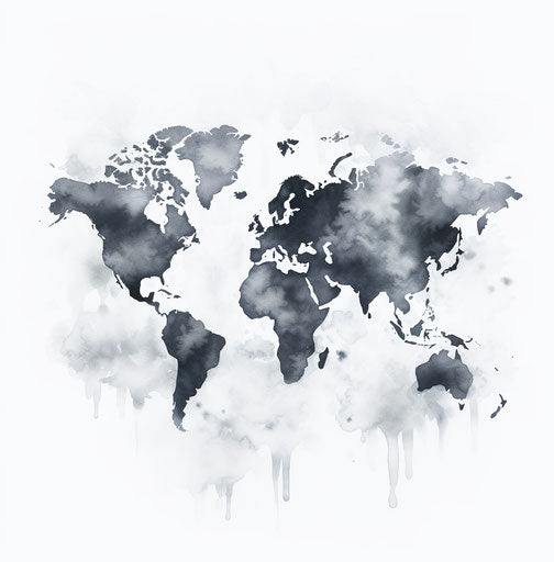 Black & white watercolor world map design, visual pun style