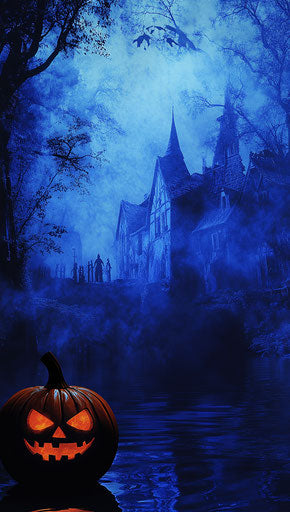 Spooky pumpkin in haunted village at night