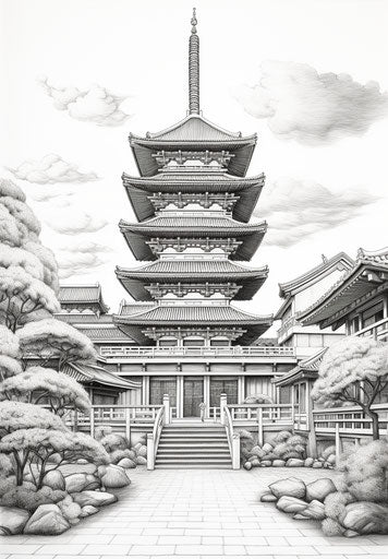 Square Japanese temple with tower in center, hyper-realistic pencil drawing