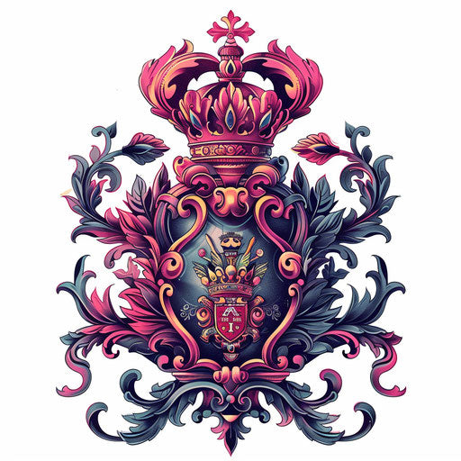 Baroque-inspired king tattoo with elaborate scrolls and a royal crest, in rich colors, on a white background