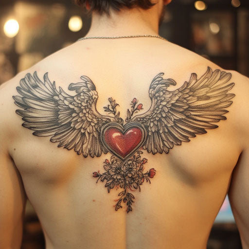 Wings tattoo on back with vintage heart and wings design