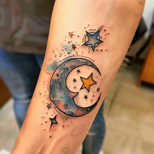 Sketch of a mystical moon and stars tattoo with watercolor effect for wrist coverup tattoo for women