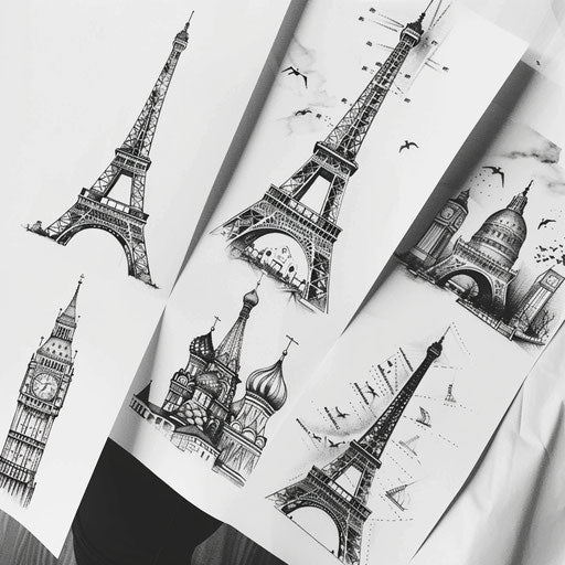 Collection of black and white tattoos: iconic landmarks worldwide