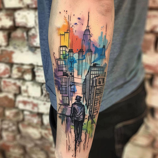 Modern gangster tattoo: vibrant cityscape with graffiti on white