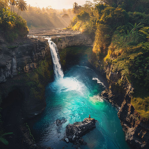 Tegenungan Waterfall with turquoise pools and rugged landscape