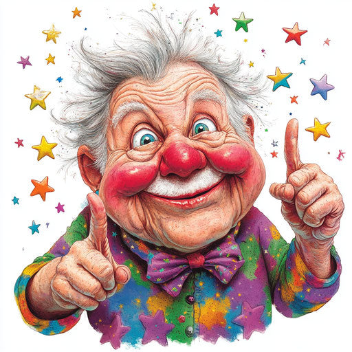 Humorous caricature of grandparents with rosy cheeks and expressive hands surrounded by stars