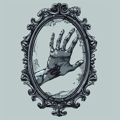 Surreal tattoo sketch of a hand reaching out from a mirror