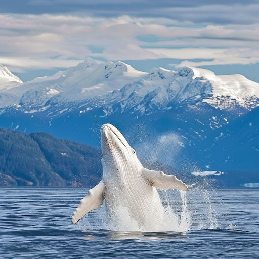 Beluga whale splashing near snow-covered mountains