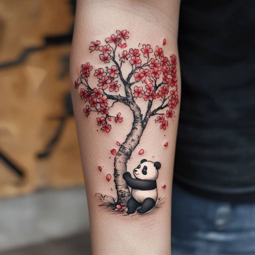 Cherry blossom tattoo with humorous panda - forearm