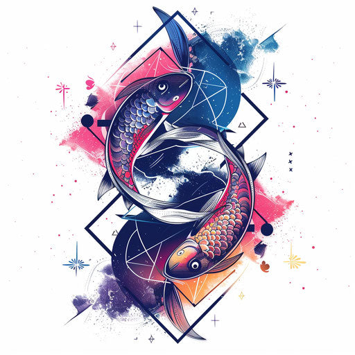 Tattoo sketch of the Pisces constellation with geometric shapes and neons