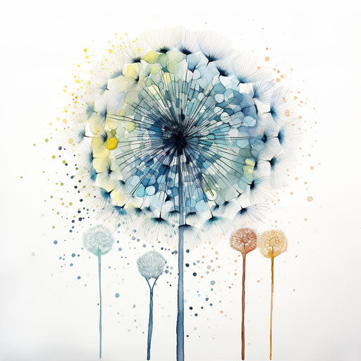 Watercolor dandelion, pen-and-ink sketch style, layered mesh
