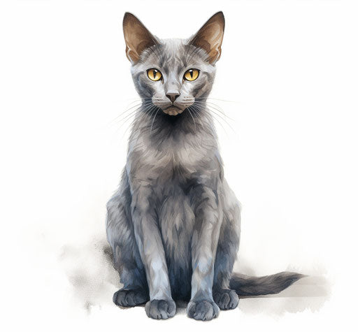 Gray cat against white background, light indigo and dark gold style