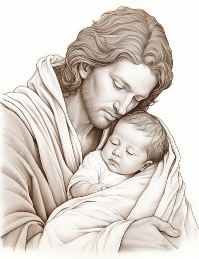 Jesus and Baby Jesus coloring pages, monochromatic portraits, precisionist lines, Pont-Aven school